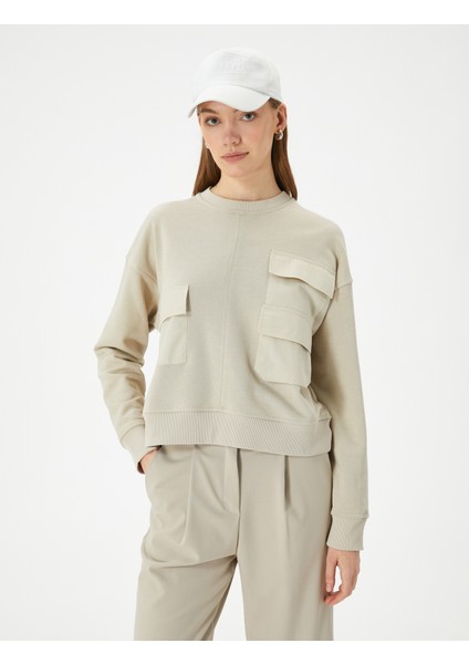 Bisiklet Yaka Sweatshirt Kargo Cepli Ribanalı Standart Kesim
