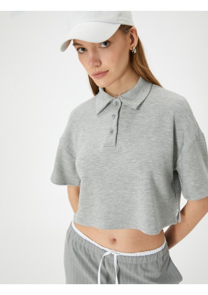 Polo Yaka Tişört Crop Kısa Kollu Düğmeli Viskon Karışımlı