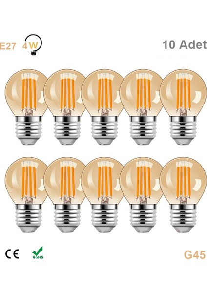 4 Watt Mini Top Ampul LED Filament G45 Bal Cam Rustik Ampul E27 Duy 1800K Amber Renk Işık 10 Adet