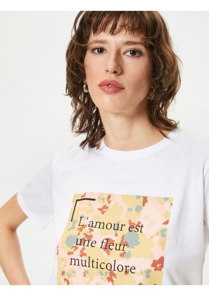 Slogan Baskılı Tişört Kısa Kollu Bisiklet Yaka Pamuklu