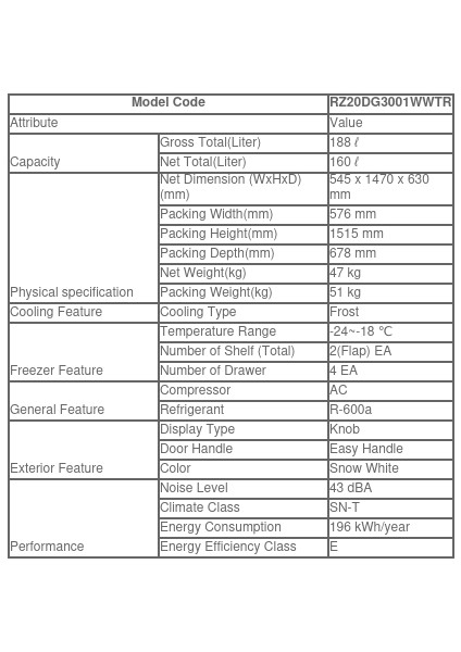 RZ20DG3001WWTR  160Lt Tek Kapılı Derin Dondurucu