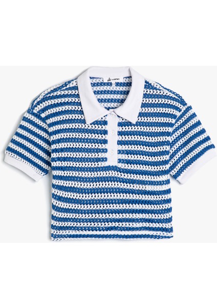 Kadın Kroşe Polo Yaka Tişört Kısa Kollu Düğme Detaylı Çizgili Tasarım