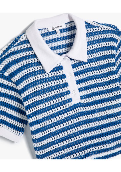 Kadın Kroşe Polo Yaka Tişört Kısa Kollu Düğme Detaylı Çizgili Tasarım modelleri