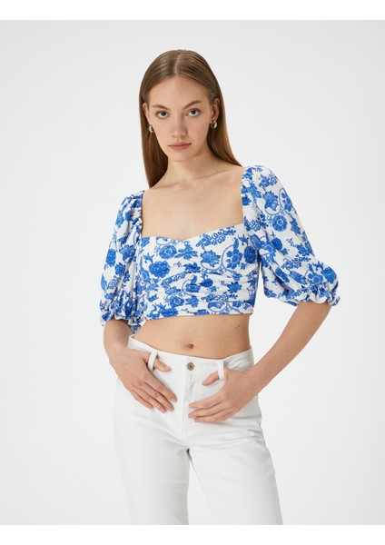 Crop Çiçekli Bluz Kare Yaka Balon Kollu modelleri