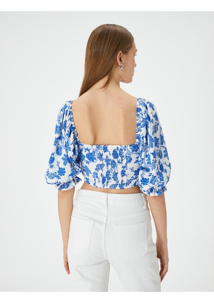 Crop Çiçekli Bluz Kare Yaka Balon Kollu fırsatları
