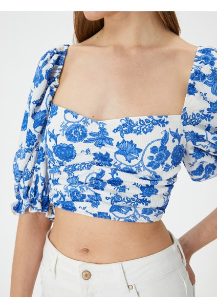 Crop Çiçekli Bluz Kare Yaka Balon Kollu indirimleri