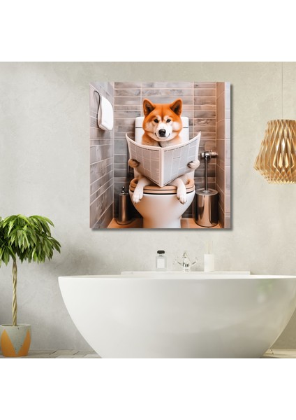 Tekli Kare Kanvas Banyo Tablosu Gazete Okuyan Japon Akita