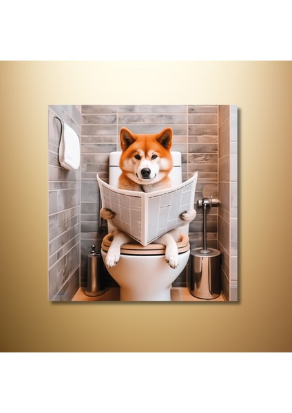 Tekli Kare Kanvas Banyo Tablosu Gazete Okuyan Japon Akita modelleri