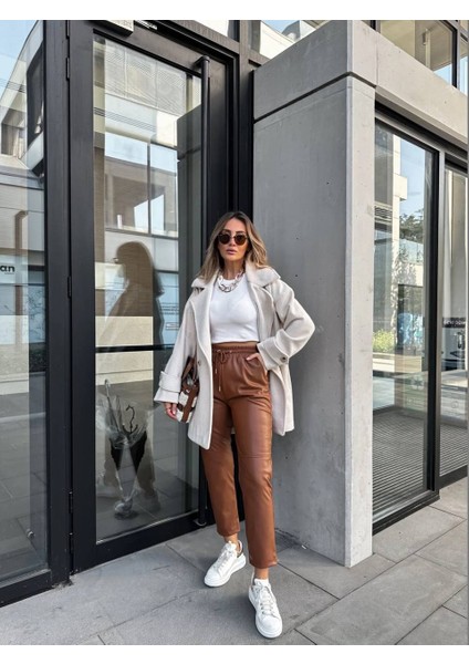 Kadın Suni Deri Jogger Şardonlu Pantolon