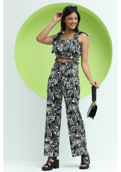 Kadın Crinkle Kumaş Croptop/pantolon Takım Siyah modelleri