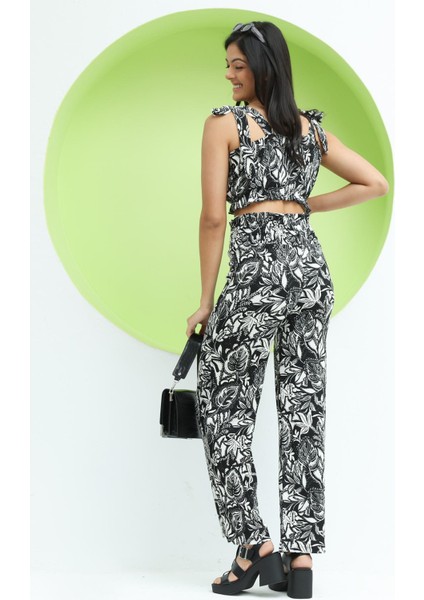 Kadın Crinkle Kumaş Croptop/pantolon Takım Siyah fırsatları