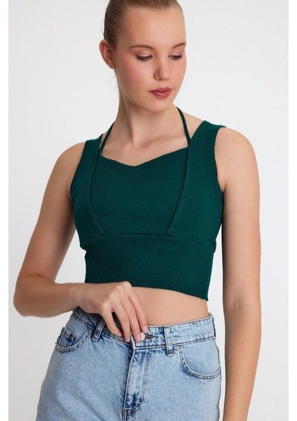 Kadın Ense Biye Detaylı Crop Yeşil