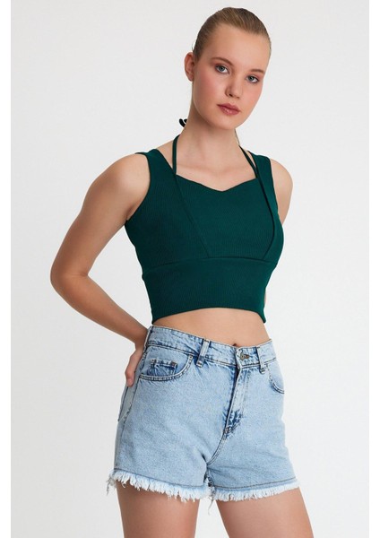 Kadın Ense Biye Detaylı Crop Yeşil