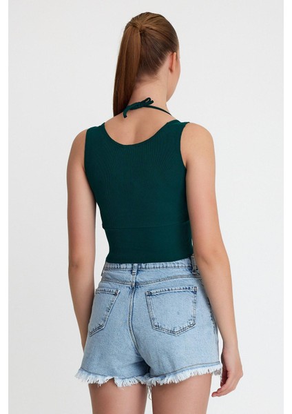 Kadın Ense Biye Detaylı Crop Yeşil