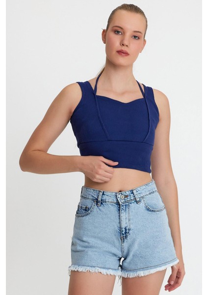 Kadın Ense Biye Detaylı Crop Indigo