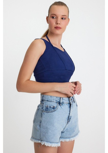Kadın Ense Biye Detaylı Crop Indigo