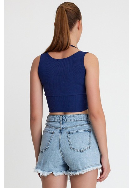 Kadın Ense Biye Detaylı Crop Indigo