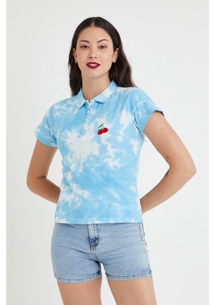 Polo State Kadın Batik Yıkamalı T-Shirt  Mavi