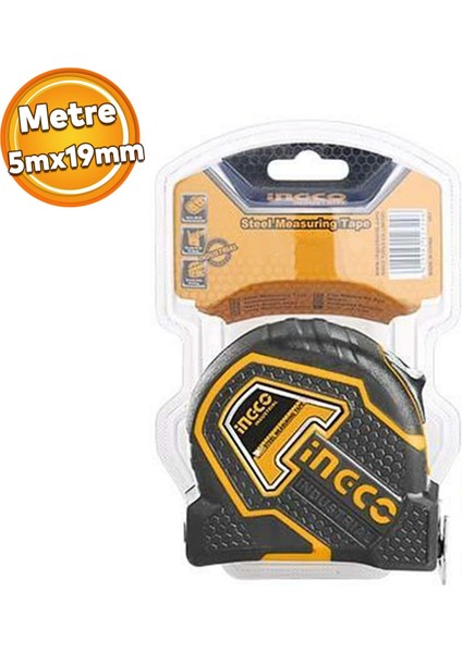Ingco Metal Metre 5 M x 19 mm Şerit Metre Sarı Renk Düğmeli Ölçüm Ölçme Bükülebilir HSMT880521E