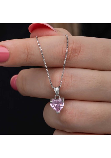 Gümüş Pembe Taşlı Kalpli Kadın Kolye