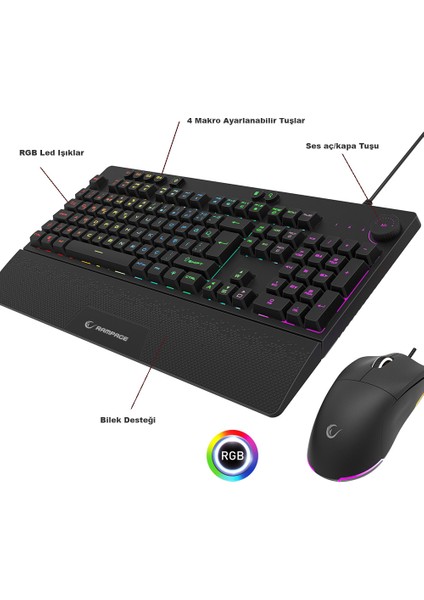 Eclıpse Siyah USB Rgb Aydınlatmalı Q Gaming 4 Tuş Makrolu Oyuncu Klavye Mouse Set