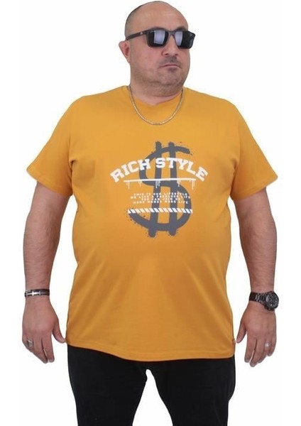 Erkek Büyük Beden Sıfır Yaka Tişört Rich Style 24137 Hardal