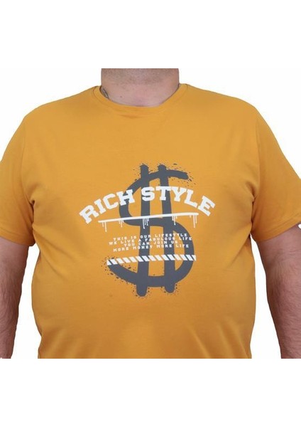 Erkek Büyük Beden Sıfır Yaka Tişört Rich Style 24137 Hardal fiyatları
