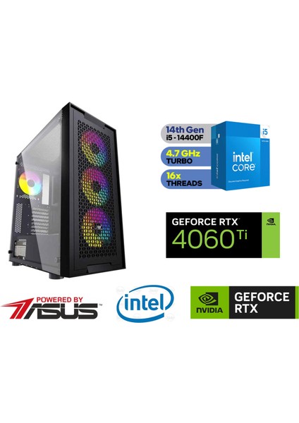 4060Tİ Gaming Pc - 4060Tİ 8gb - Intel I5 14400F - 16GB Ddr4 Ram - 500GB Nvme SSD - Windows 11 Pro