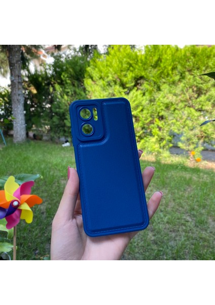 Xiaomi Redmi Note 11E Korumalı Deri Desenli Mavi Silikon Kılıf