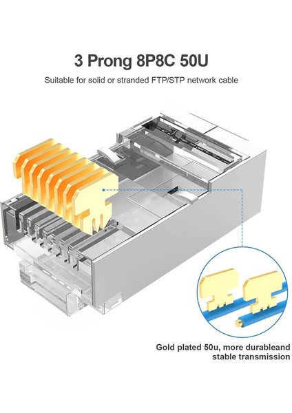 - 50 Adet - 50U" Gold Plated Stp CAT5E RJ45 Network Metal Konnektör 8P8C Ethernet Kablo Ucu