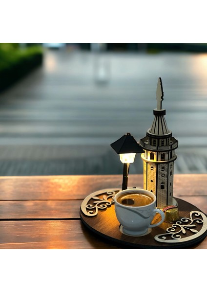 Galata Kuleli ve Işıklı Desenli Türk Kahvesi Sunumluk