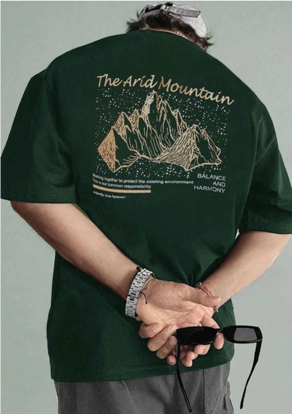 Büyük Beden Özel Tasarım Mountain Sırt Baskılı Pamuk Oversize Erkek Battal T-Shırt