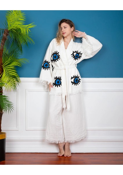 Krizantem Kimono /Kaftan /Bornoz Pantolon-Ceket Takım Göz Iç Mavi Desenli