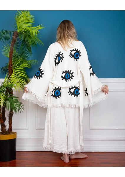 Krizantem Kimono /Kaftan /Bornoz Pantolon-Ceket Takım Göz Iç Mavi Desenli