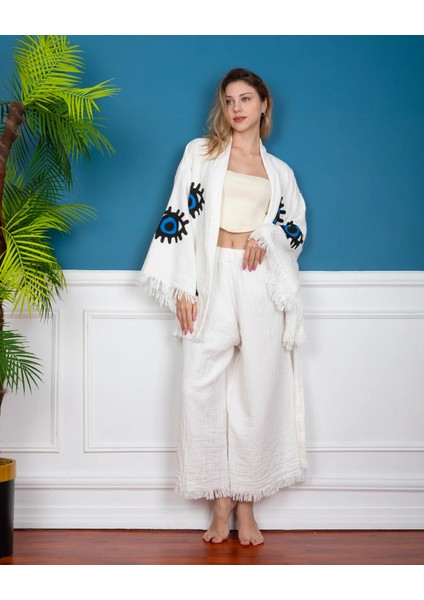 Krizantem Kimono /Kaftan /Bornoz Pantolon-Ceket Takım Göz Iç Mavi Desenli