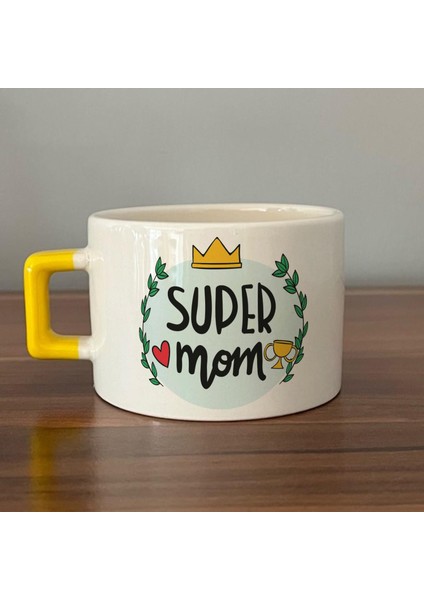 Super Mom Yazı Baskılı Sarı Kulplu C Fincan