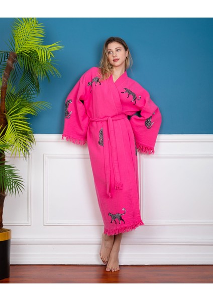 Kimono /Kaftan /Bornoz Pembe Kumaş Siyah Leopar desenli