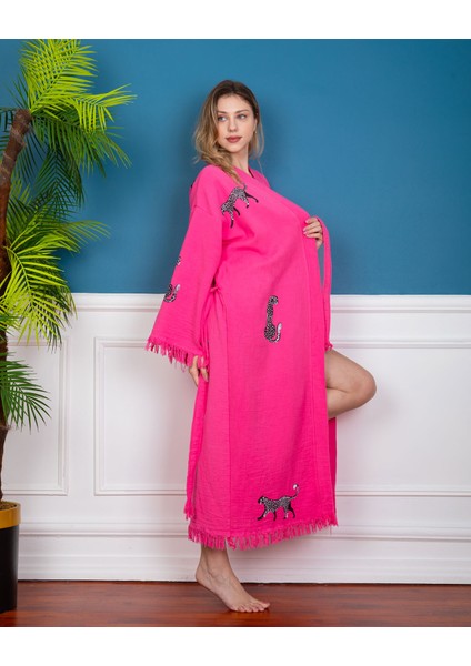 Kimono /Kaftan /Bornoz Pembe Kumaş Siyah Leopar desenli