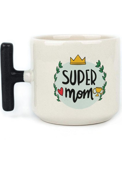 Super Mom Yazı Baskılı Siyah Kulplu T Kupa