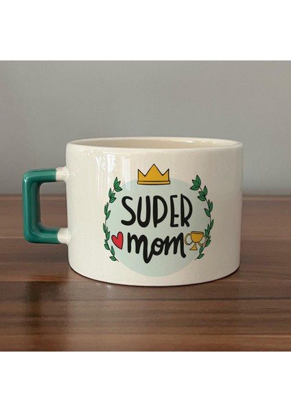 Super Mom Yazı Baskılı Yeşil Kulplu C Fincan