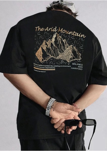Büyük Beden Özel Tasarım Mountain Sırt Baskılı Pamuk Oversize Battal Erkek T-Shırt