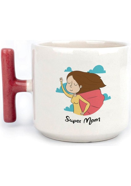 Süper Mom Pelerin Baskılı Kırmızı Kulplu T Kupa