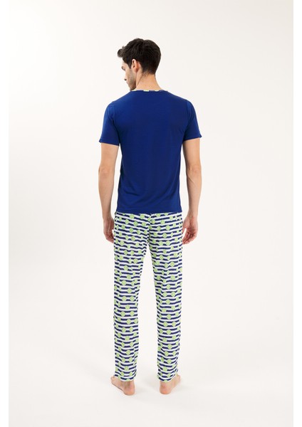 Lacivert Viskon Yuvarlak Yaka Erkek Pijama Takımı