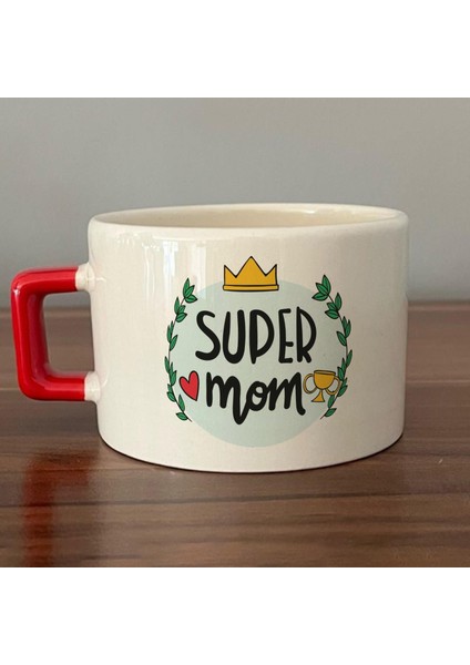 Super Mom Yazı Baskılı Kırmızı Kulplu C Fincan