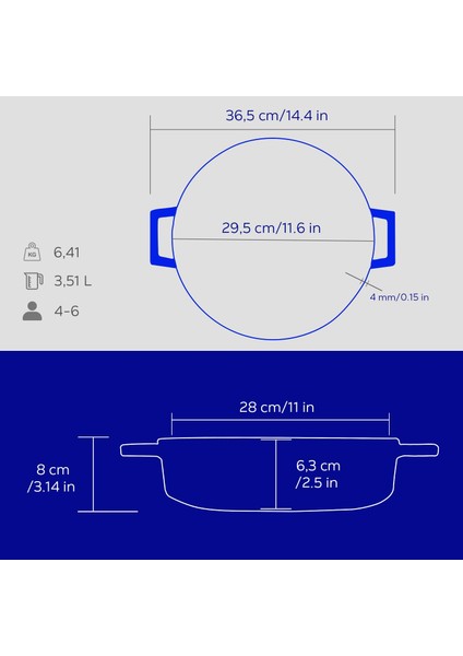 Döküm Çok Amaçlı Yayvan Tencere (Ø)28 Cm. Iç Krem, Mavi