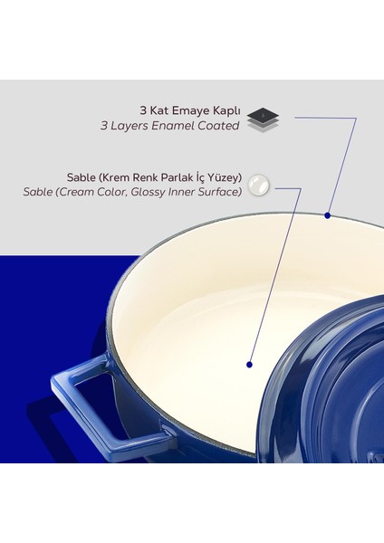 Döküm Çok Amaçlı Yayvan Tencere (Ø)28 Cm. Iç Krem, Mavi