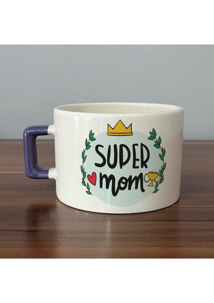 Super Mom Yazı Baskılı Mor Kulplu C Fincan