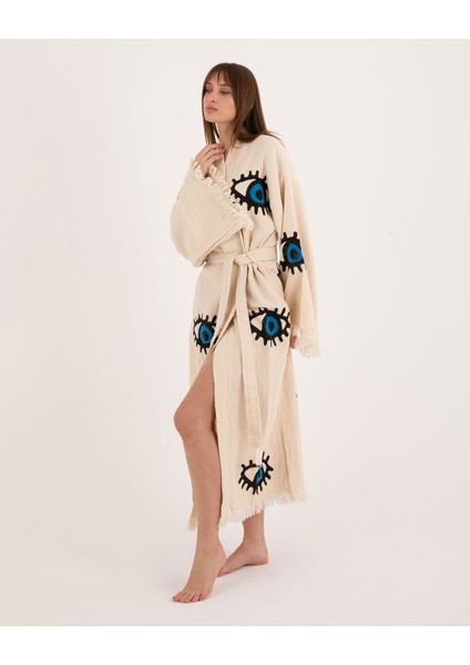 Kimono /Kaftan /Bornoz Ham Kumaş Göz Iç Mavi Desenli