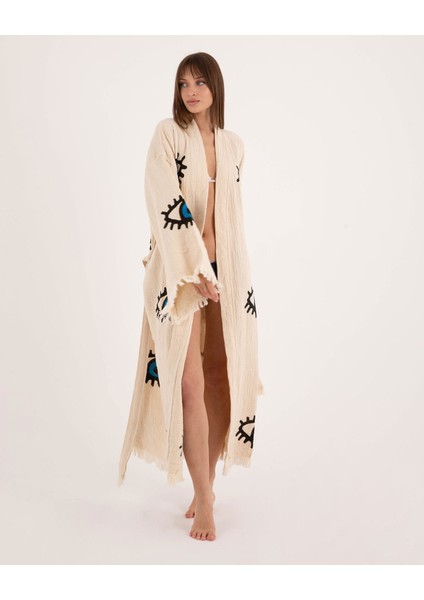 Kimono /Kaftan /Bornoz Ham Kumaş Göz Iç Mavi Desenli