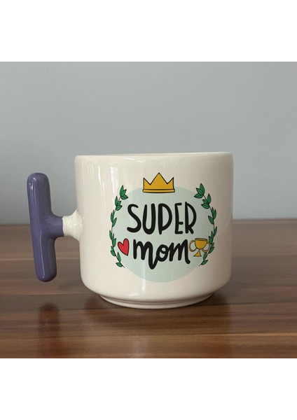 Super Mom Yazı Baskılı Mor Kulplu T Kupa